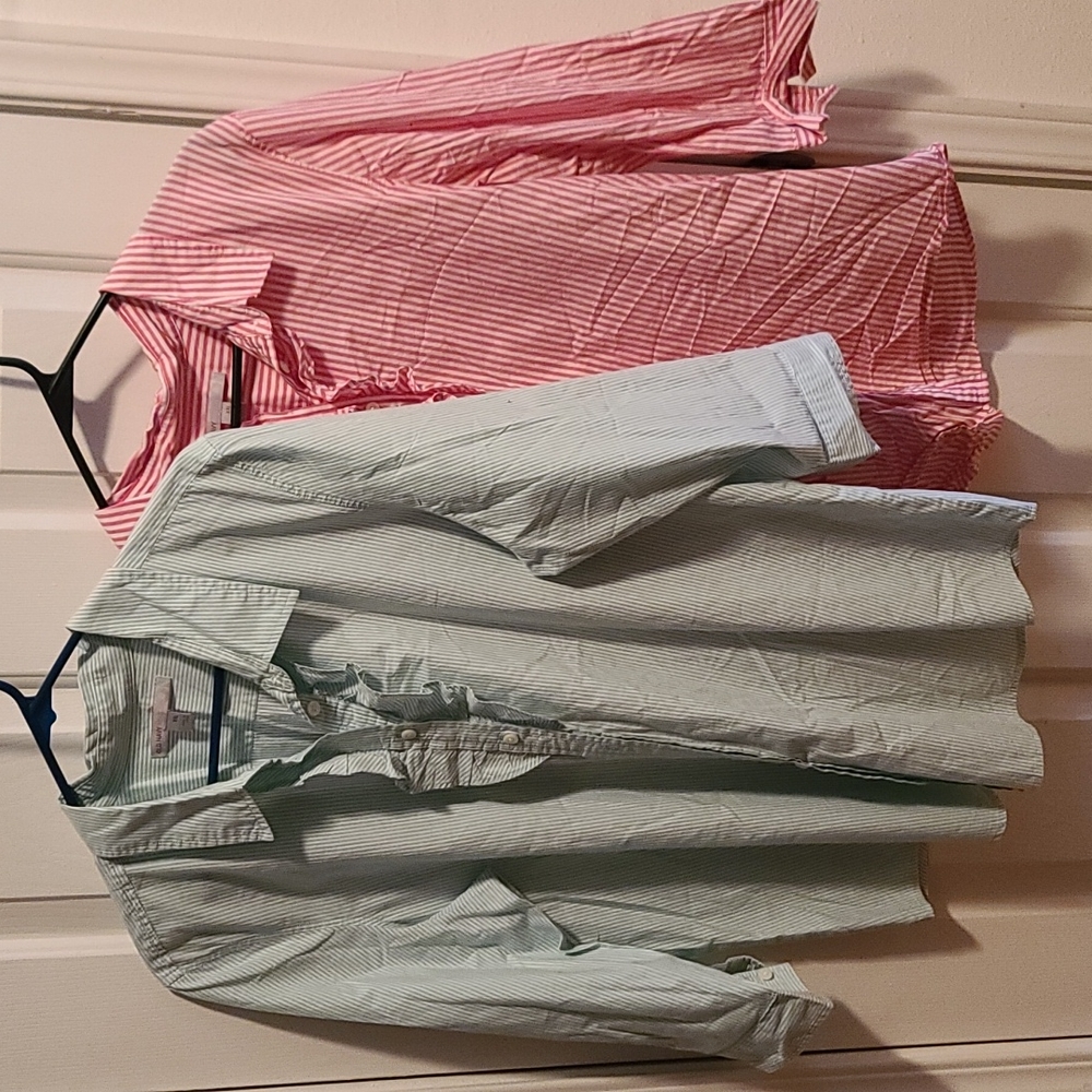 Old Navy "ON" ruffle button down shirts- XXL mint & bubble gum pink stripe 🩷💚